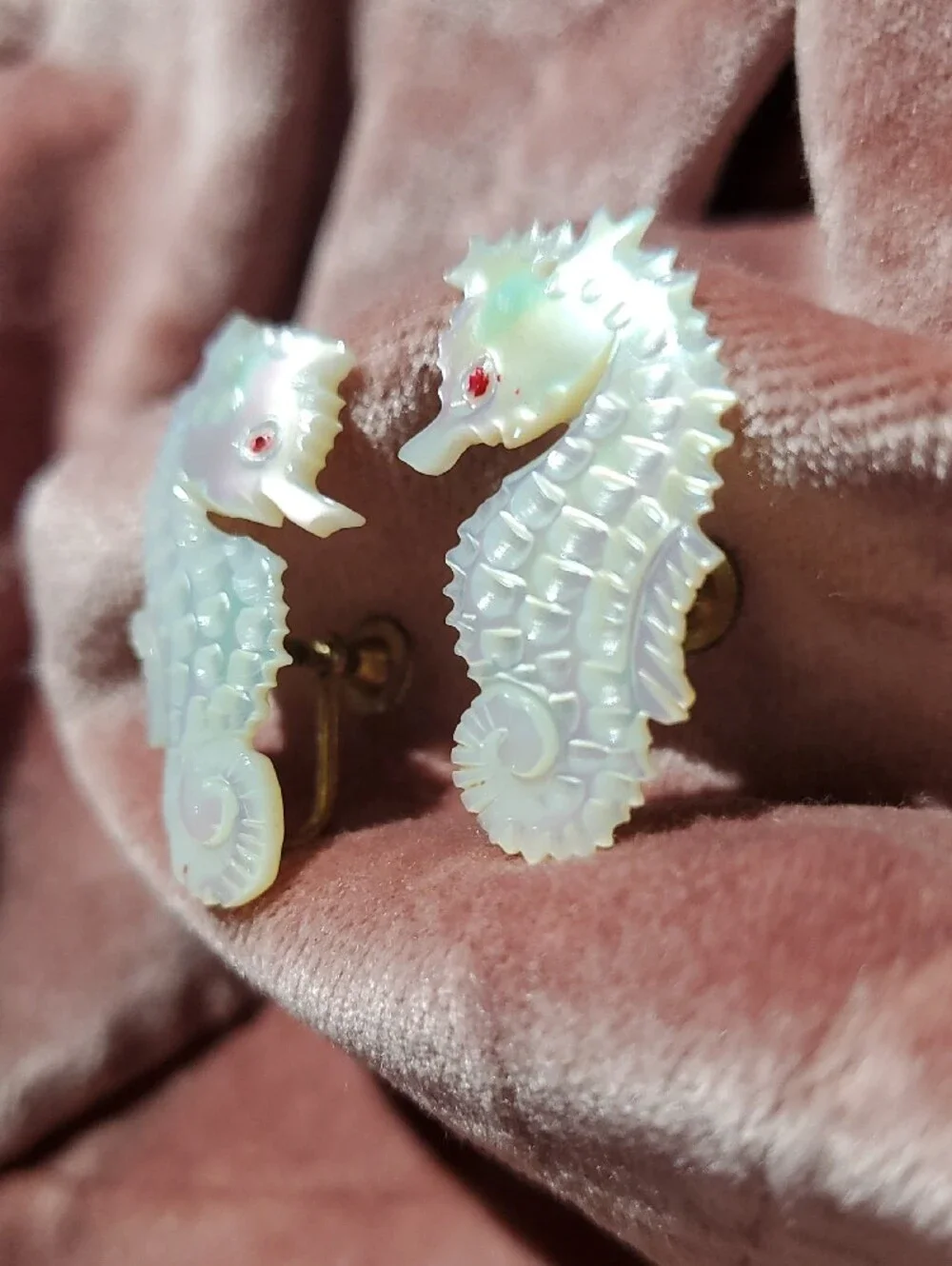 Vintage Iridescent Seahorse Earrings  Pearl Opal MOP Sheen Ocean Screw Backs MAR